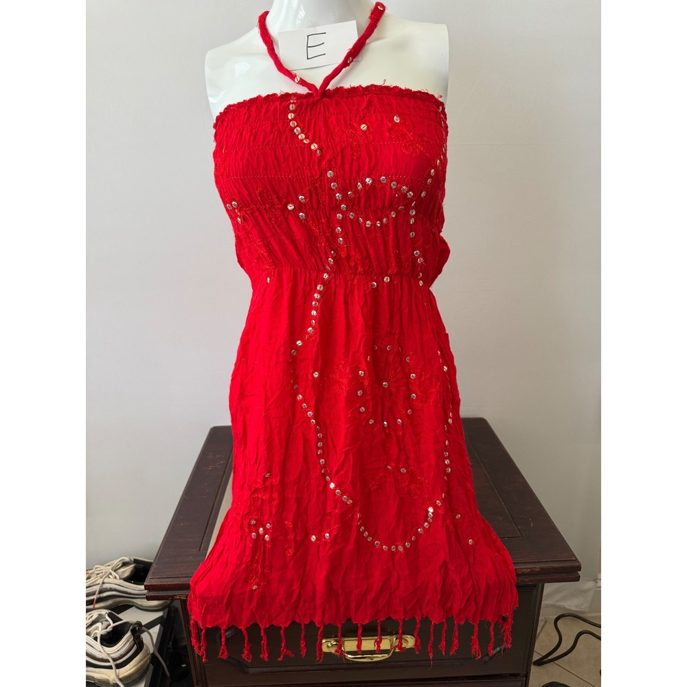 Halter Mini Dress Y2K Sequin Embroidered Fringe Red Small-Medium